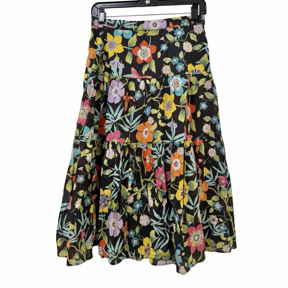 J Crew Floral Print Tiered Midi Skirt Size 2 Black Modest Spring Easter Church